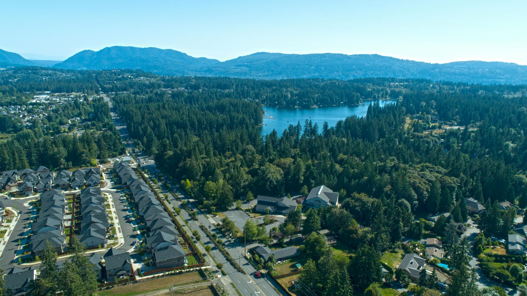 Aerial view of a suburban neighborhood beside a forest and a lake, with rows of houses, tree-lined streets, and distant hills under a clear blue sky.