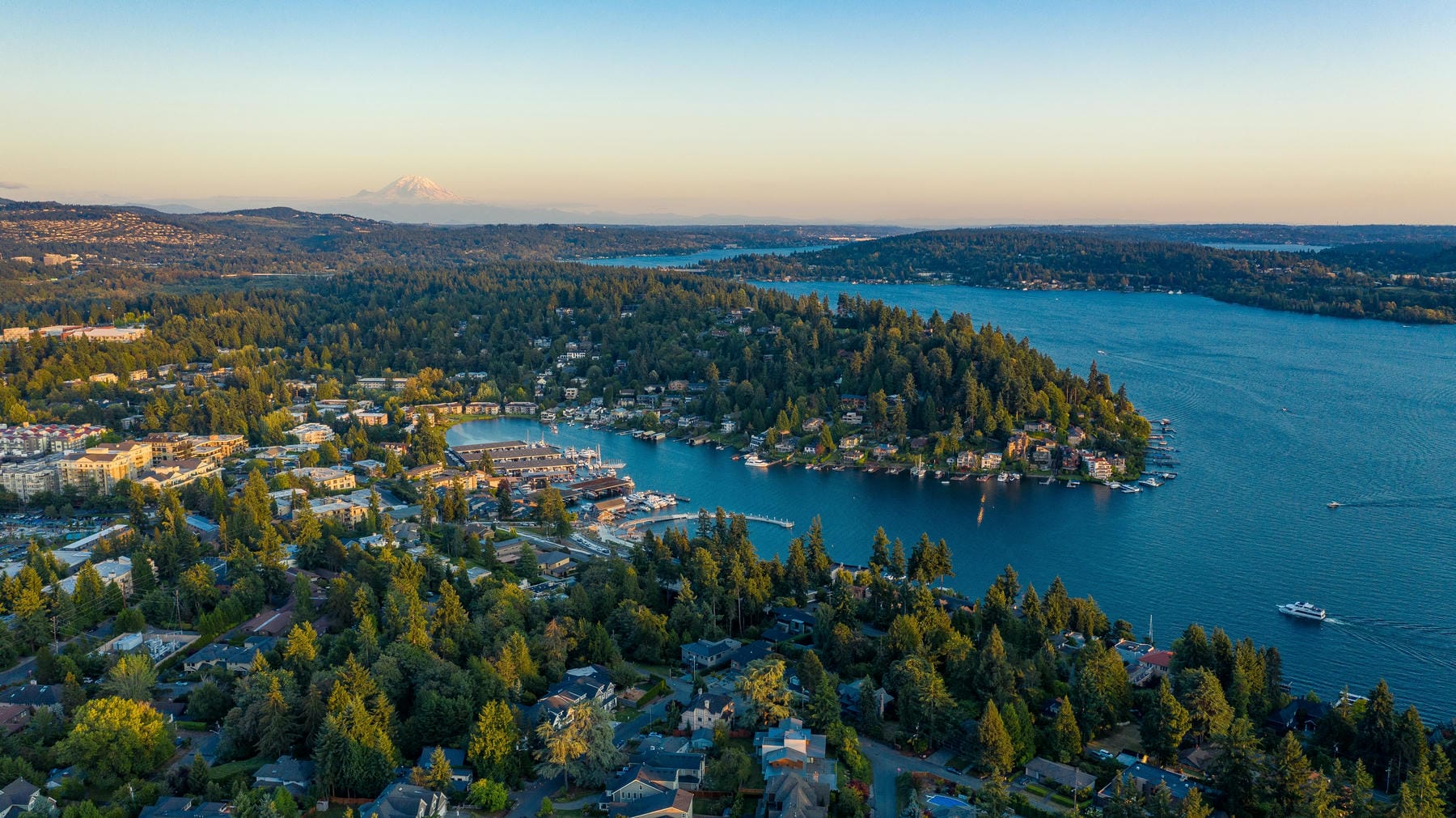 Aerial view of a lush, green lakeside community with houses, boats, and marinas along the shoreline, surrounded by forested hills and a distant mountain under a clear blue sky.