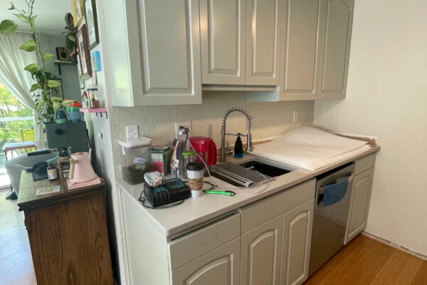 A small kitchen area with light gray cabinets, a sink with dishes and soap on the counter, a dishwasher, and a coffee machine on a wooden sideboard. Houseplants and framed photos decorate the adjacent space.