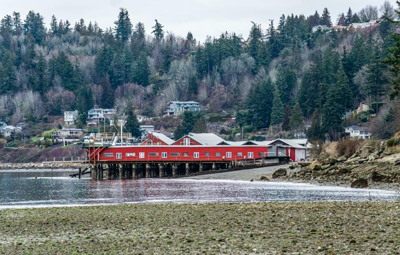 A large red building on wooden stilts extends over the water along a rocky shoreline, with houses and dense evergreen trees on a hillside in the background under an overcast sky.