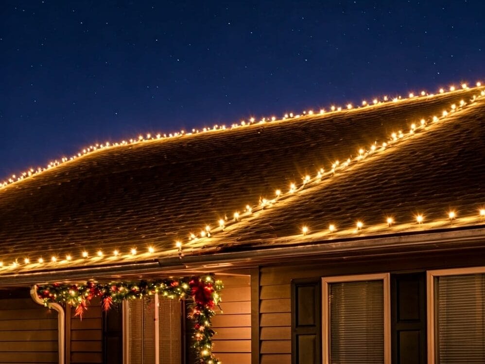 A house roof and windows are decorated with warm white string lights at night, with a garland and red ornaments hanging above the entrance, against a dark, starry sky.