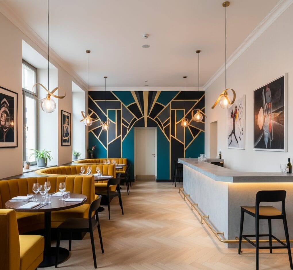 Modern restaurant interior with mustard yellow booth seating, round tables set with glasses, a gray bar with barstools, geometric wall art, hanging pendant lights, and large windows letting in natural light.