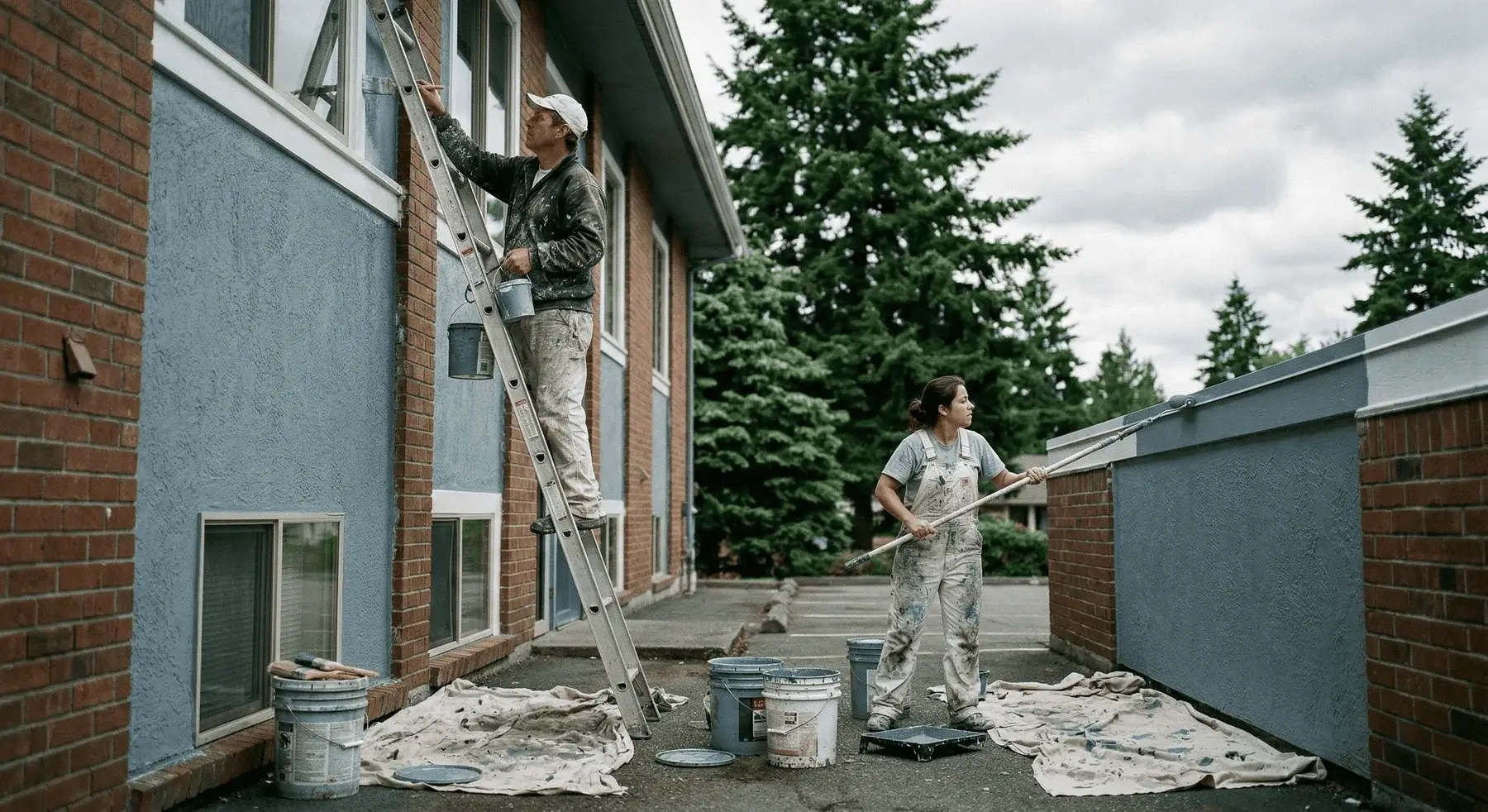 Two people painting the exterior of a building; one stands on a ladder painting near a window, while the other uses a roller on a lower wall. Paint cans and drop cloths are spread on the ground around them.